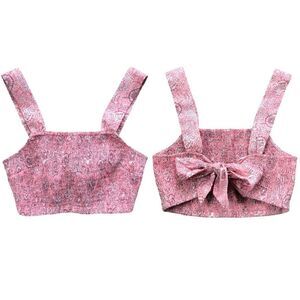 House of Harlow 1960 Smocked Tie Back Crop Top in Pink Paisley Floral